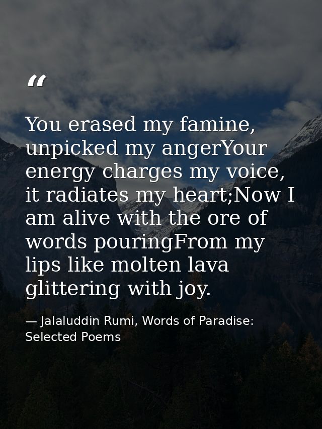 You erased my famine, unpicked my angerYour energy charges my voice, it radiates my heart;Now I am alive with the ore of — Jalaluddin Rumi, Words of Paradise: Selected Poems
