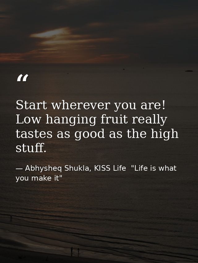 Start wherever you are! Low hanging fruit really tastes as good as the high stuff. — Abhysheq Shukla, KISS Life  "Life is what you make it"