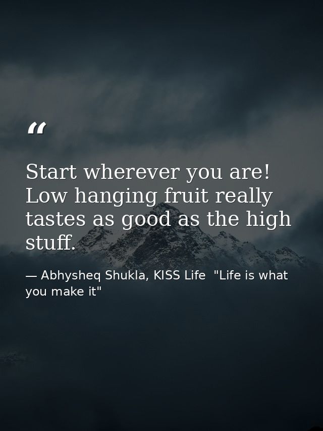 Start wherever you are! Low hanging fruit really tastes as good as the high stuff. — Abhysheq Shukla, KISS Life  "Life is what you make it"