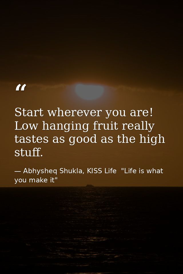 Start wherever you are! Low hanging fruit really tastes as good as the high stuff. — Abhysheq Shukla, KISS Life  "Life is what you make it"