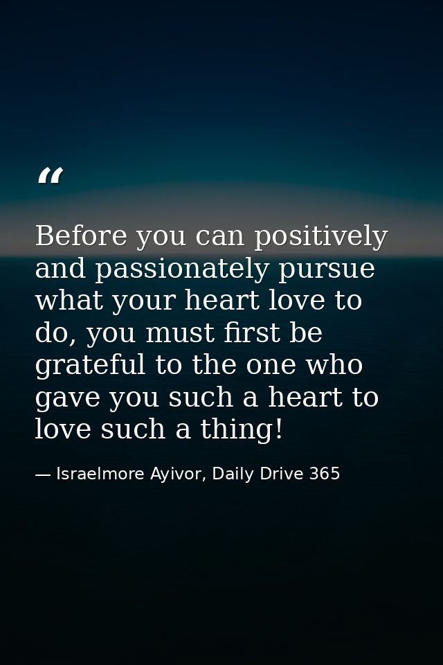 Before you can positively and passionately pursue what your heart love to do, you must first be grateful to the one who  — Israelmore Ayivor, Daily Drive 365