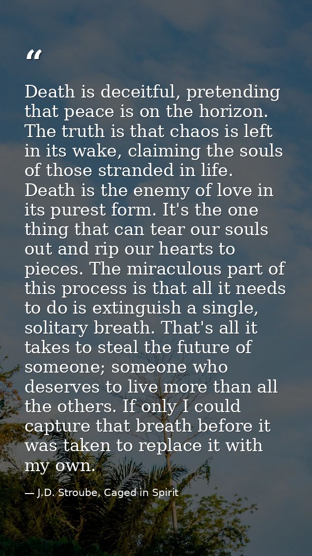 Death is deceitful, pretending that peace is on the horizon. The truth is that chaos is left in its wake, claiming the s — J.D. Stroube, Caged in Spirit