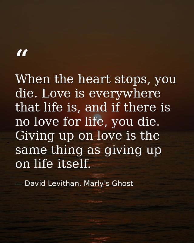 When the heart stops, you die. Love is everywhere that life is, and if there is no love for life, you die. Giving up on  — David Levithan, Marly's Ghost