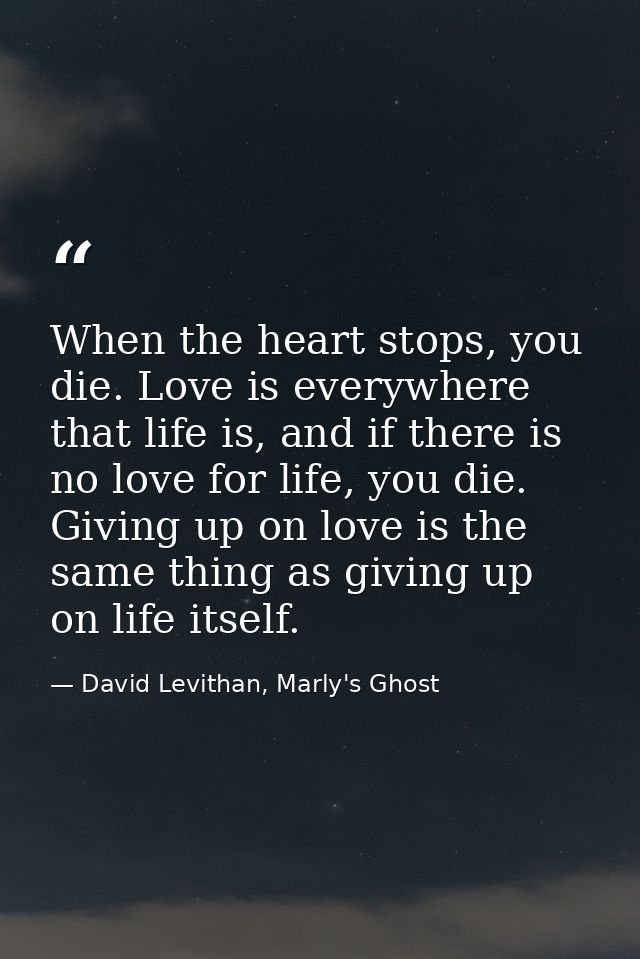 When the heart stops, you die. Love is everywhere that life is, and if there is no love for life, you die. Giving up on  — David Levithan, Marly's Ghost