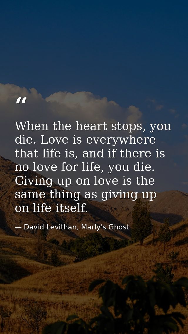 When the heart stops, you die. Love is everywhere that life is, and if there is no love for life, you die. Giving up on  — David Levithan, Marly's Ghost