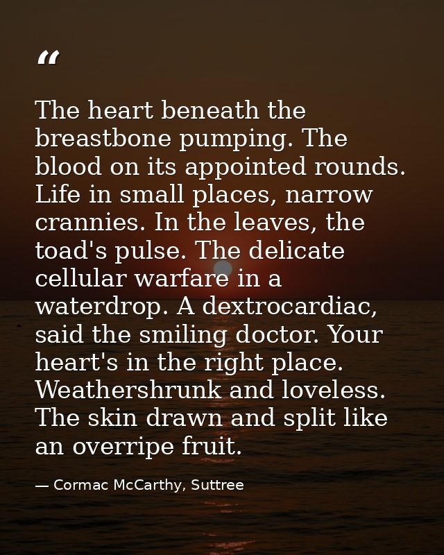 The heart beneath the breastbone pumping. The blood on its appointed rounds. Life in small places, narrow crannies. In t — Cormac McCarthy, Suttree