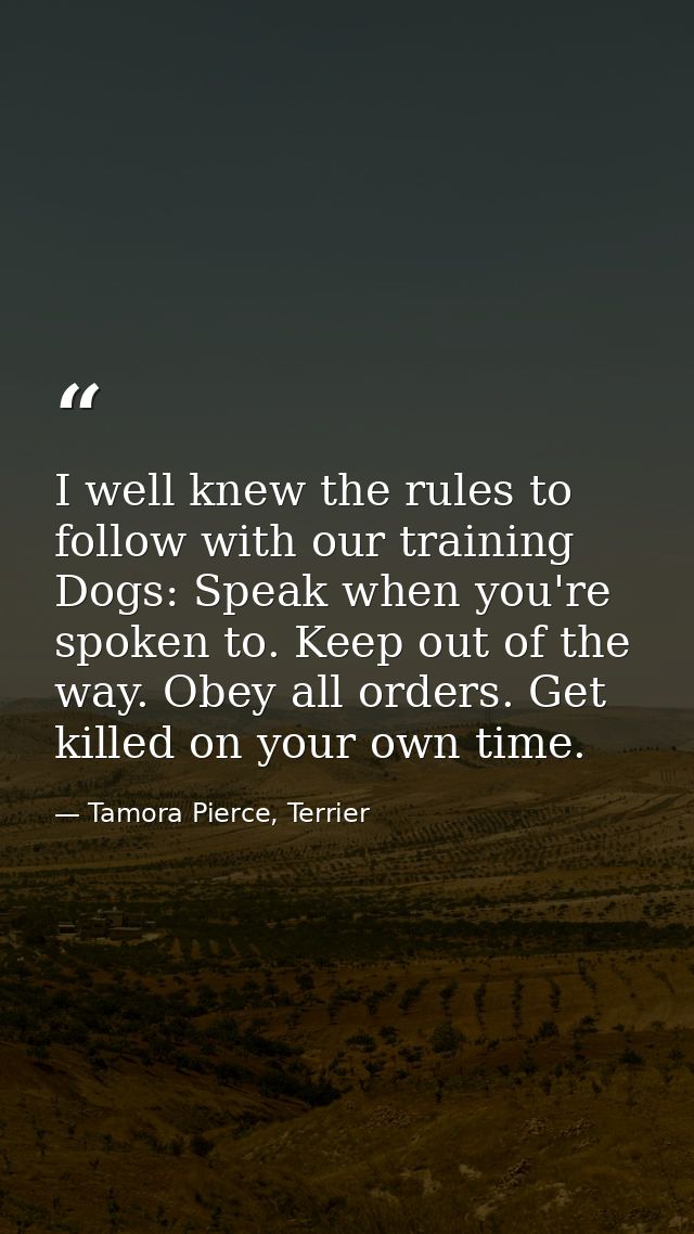 I well knew the rules to follow with our training Dogs: Speak when you're spoken to. Keep out of the way. Obey all order — Tamora Pierce, Terrier