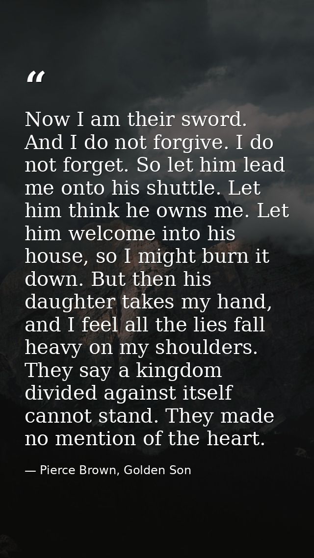 Now I am their sword. And I do not forgive. I do not forget. So let him lead me onto his shuttle. Let him think he owns  — Pierce Brown, Golden Son