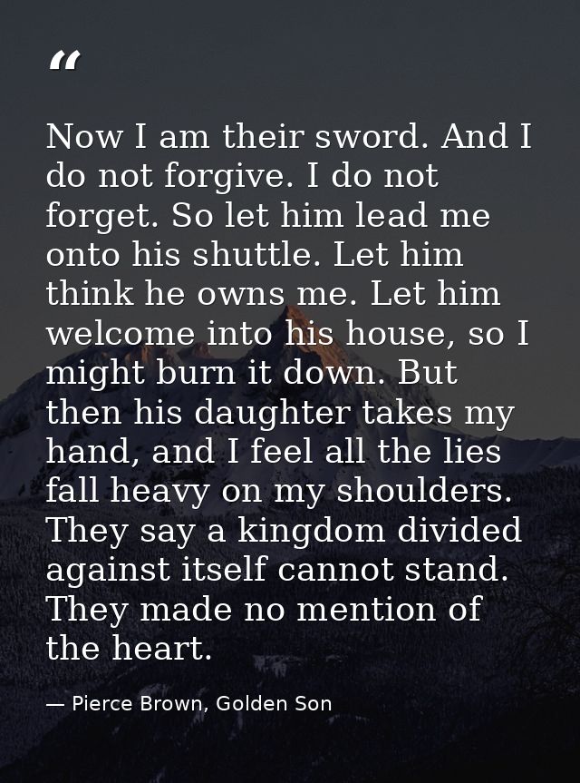 Now I am their sword. And I do not forgive. I do not forget. So let him lead me onto his shuttle. Let him think he owns  — Pierce Brown, Golden Son