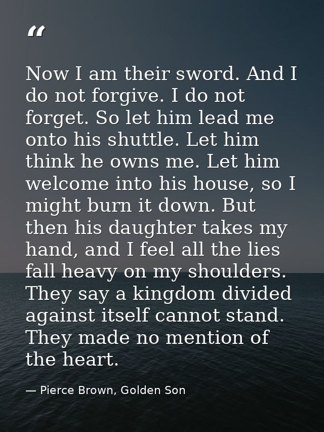 Now I am their sword. And I do not forgive. I do not forget. So let him lead me onto his shuttle. Let him think he owns  — Pierce Brown, Golden Son