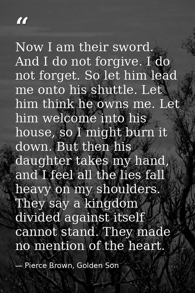 Now I am their sword. And I do not forgive. I do not forget. So let him lead me onto his shuttle. Let him think he owns  — Pierce Brown, Golden Son