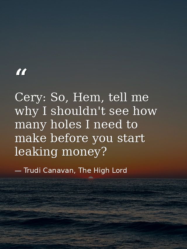 Cery: So, Hem, tell me why I shouldn't see how many holes I need to make before you start leaking money? — Trudi Canavan, The High Lord