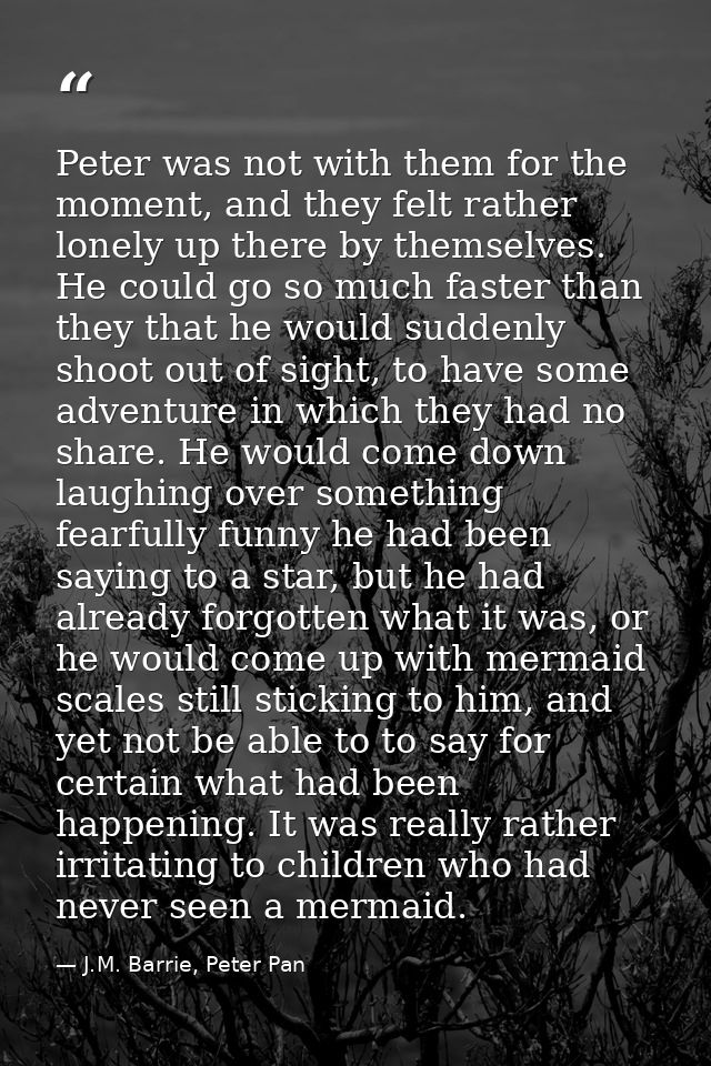 Peter was not with them for the moment, and they felt rather lonely up there by themselves. He could go so much faster t — J.M. Barrie, Peter Pan