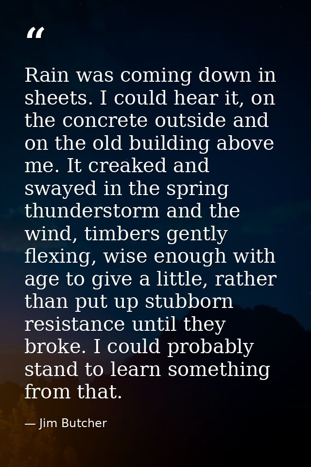 Rain was coming down in sheets. I could hear it, on the concrete outside and on the old building above me. It creaked an — Jim Butcher
