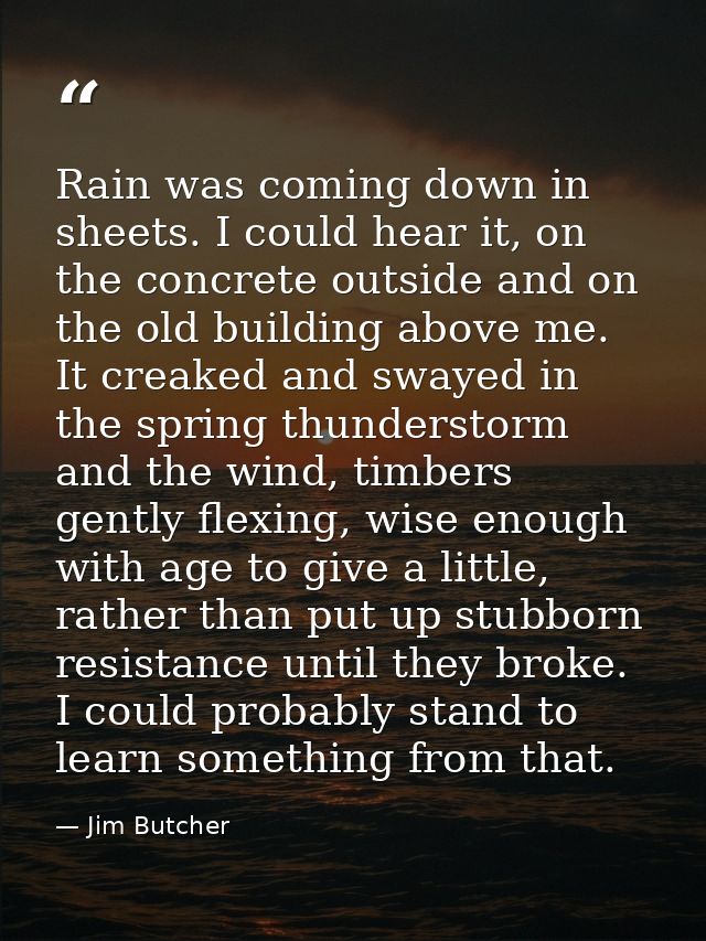 Rain was coming down in sheets. I could hear it, on the concrete outside and on the old building above me. It creaked an — Jim Butcher