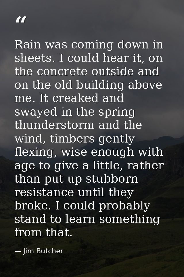 Rain was coming down in sheets. I could hear it, on the concrete outside and on the old building above me. It creaked an — Jim Butcher