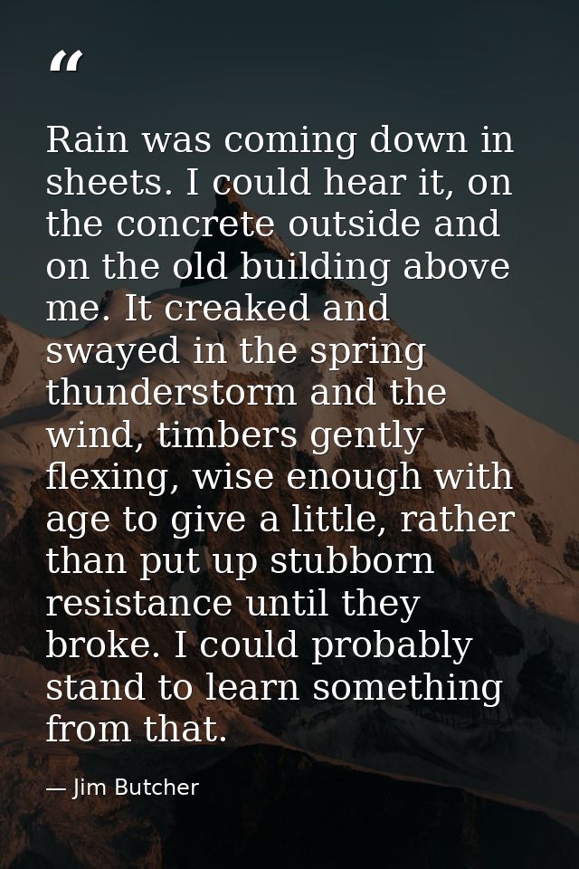 Rain was coming down in sheets. I could hear it, on the concrete outside and on the old building above me. It creaked an — Jim Butcher