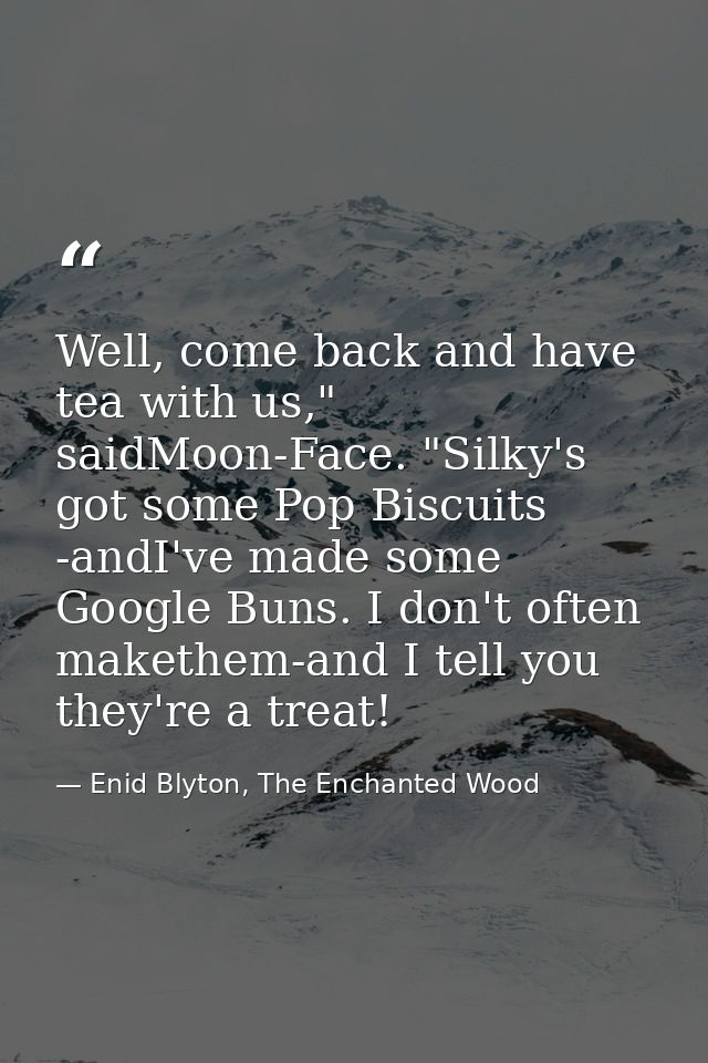 Well, come back and have tea with us," saidMoon-Face. "Silky's got some Pop Biscuits -andI've made some Google Buns. I d — Enid Blyton, The Enchanted Wood