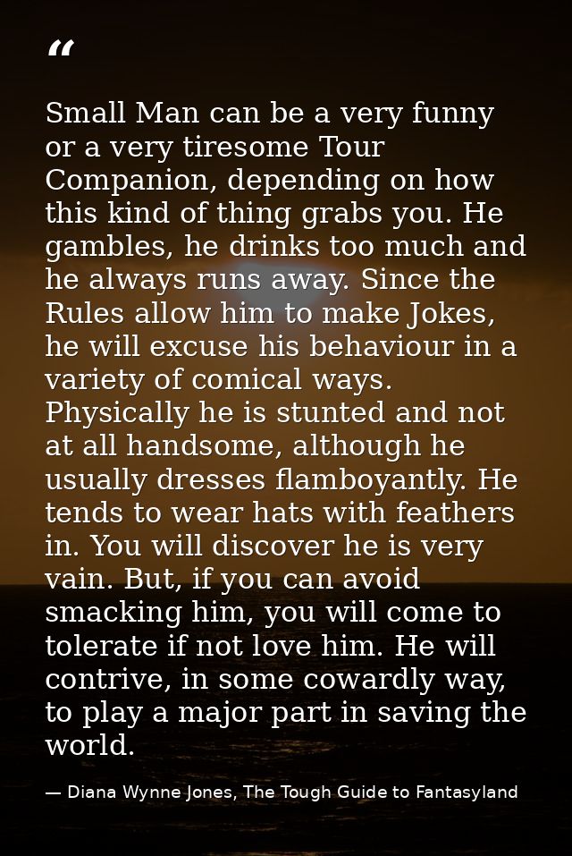 Small Man can be a very funny or a very tiresome Tour Companion, depending on how this kind of thing grabs you. He gambl — Diana Wynne Jones, The Tough Guide to Fantasyland