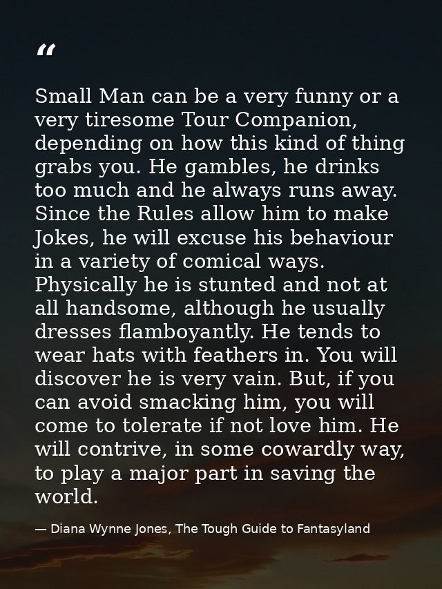 Small Man can be a very funny or a very tiresome Tour Companion, depending on how this kind of thing grabs you. He gambl — Diana Wynne Jones, The Tough Guide to Fantasyland