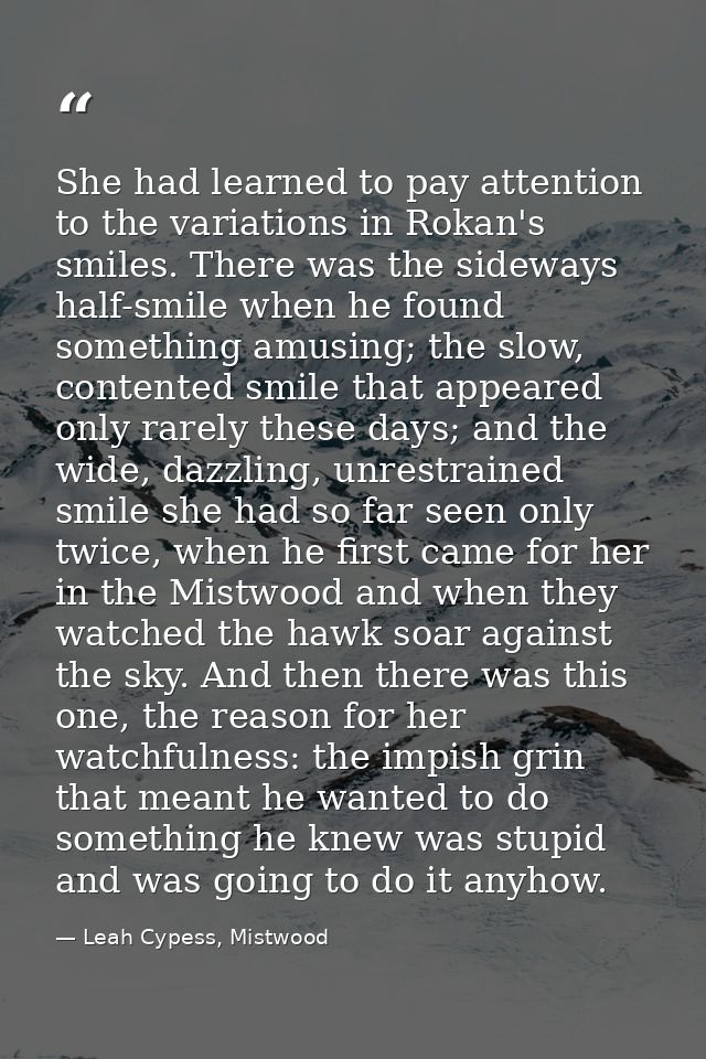 She had learned to pay attention to the variations in Rokan's smiles. There was the sideways half-smile when he found so — Leah Cypess, Mistwood