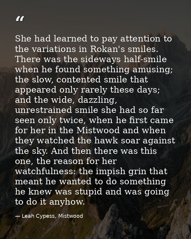 She had learned to pay attention to the variations in Rokan's smiles. There was the sideways half-smile when he found so — Leah Cypess, Mistwood