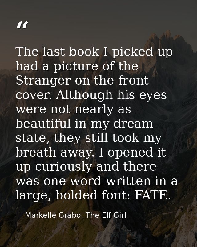 The last book I picked up had a picture of the Stranger on the front cover. Although his eyes were not nearly as beautif — Markelle Grabo, The Elf Girl