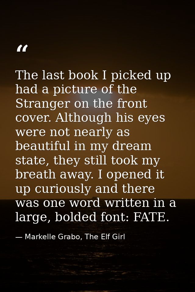 The last book I picked up had a picture of the Stranger on the front cover. Although his eyes were not nearly as beautif — Markelle Grabo, The Elf Girl