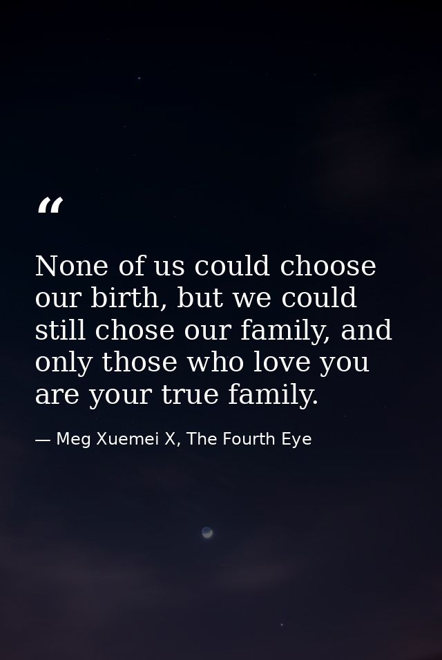 None of us could choose our birth, but we could still chose our family, and only those who love you are your true family — Meg Xuemei X, The Fourth Eye