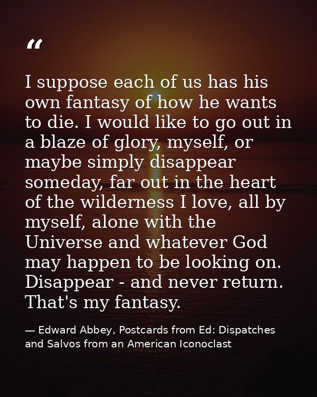 I suppose each of us has his own fantasy of how he wants to die. I would like to go out in a blaze of glory, myself, or  — Edward Abbey, Postcards from Ed: Dispatches and Salvos from an American Iconoclast