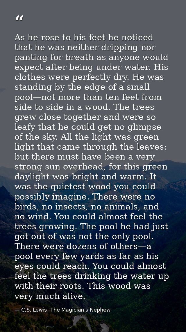 As he rose to his feet he noticed that he was neither dripping nor panting for breath as anyone would expect after being — C.S. Lewis, The Magician's Nephew