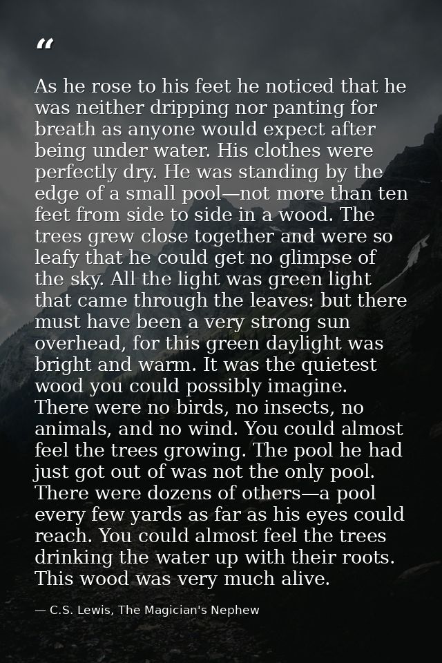 As he rose to his feet he noticed that he was neither dripping nor panting for breath as anyone would expect after being — C.S. Lewis, The Magician's Nephew