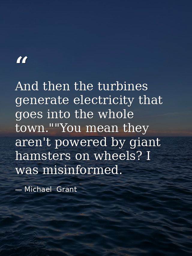 And then the turbines generate electricity that goes into the whole town.""You mean they aren't powered by giant hamster — Michael  Grant