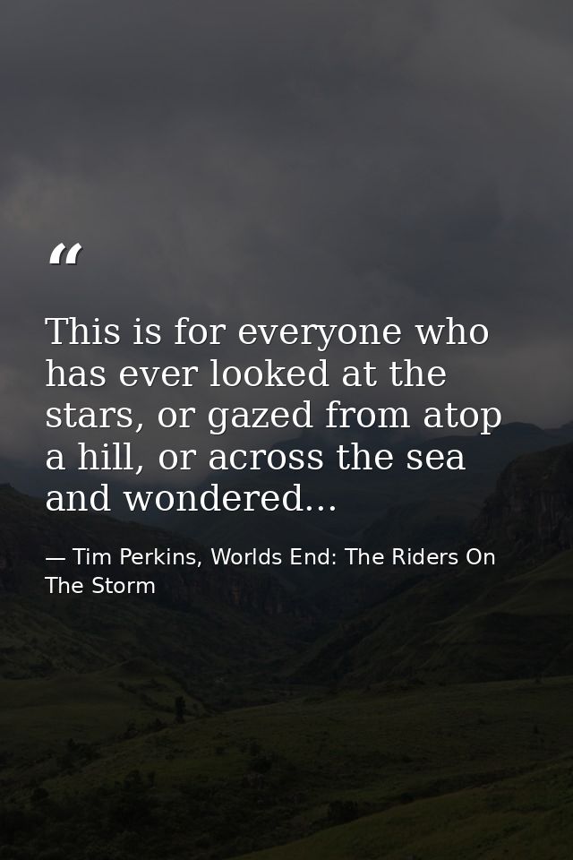 This is for everyone who has ever looked at the stars, or gazed from atop a hill, or across the sea and wondered... — Tim Perkins, Worlds End: The Riders On The Storm