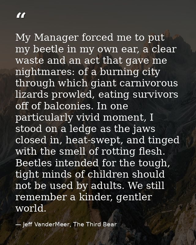 My Manager forced me to put my beetle in my own ear, a clear waste and an act that gave me nightmares: of a burning city — Jeff VanderMeer, The Third Bear