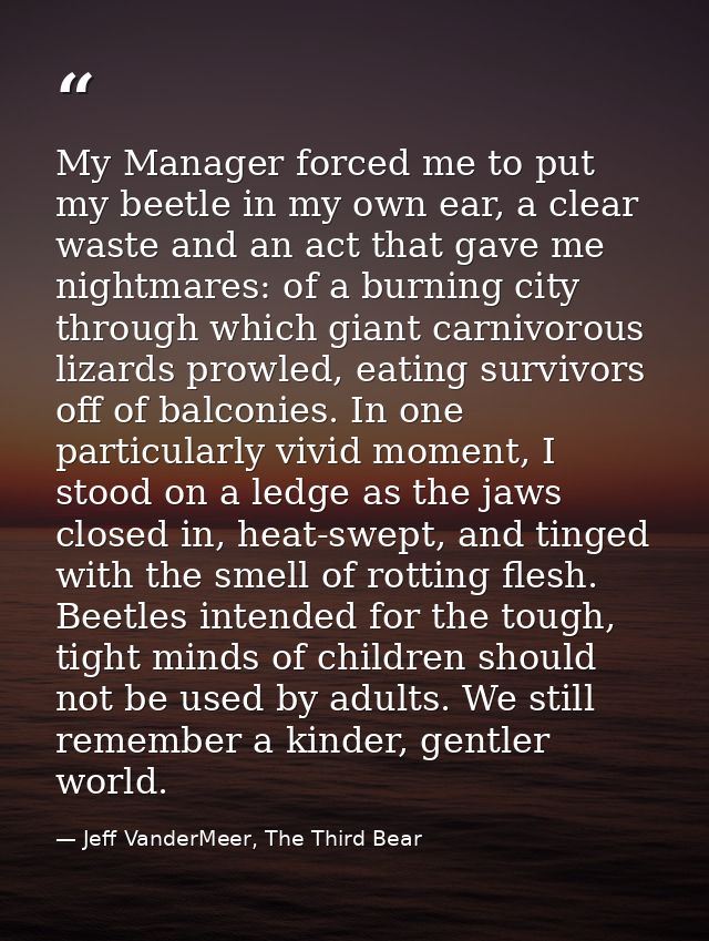 My Manager forced me to put my beetle in my own ear, a clear waste and an act that gave me nightmares: of a burning city — Jeff VanderMeer, The Third Bear