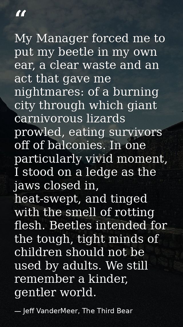 My Manager forced me to put my beetle in my own ear, a clear waste and an act that gave me nightmares: of a burning city — Jeff VanderMeer, The Third Bear