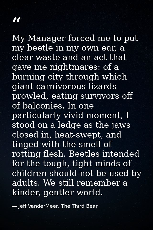 My Manager forced me to put my beetle in my own ear, a clear waste and an act that gave me nightmares: of a burning city — Jeff VanderMeer, The Third Bear