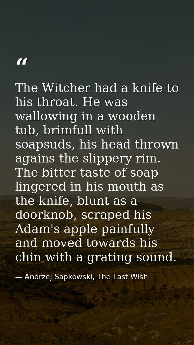 The Witcher had a knife to his throat. He was wallowing in a wooden tub, brimfull with soapsuds, his head thrown agains  — Andrzej Sapkowski, The Last Wish