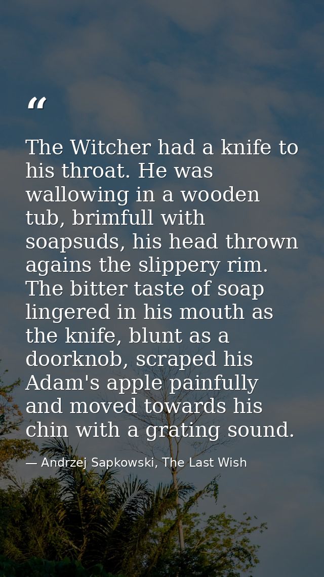 The Witcher had a knife to his throat. He was wallowing in a wooden tub, brimfull with soapsuds, his head thrown agains  — Andrzej Sapkowski, The Last Wish