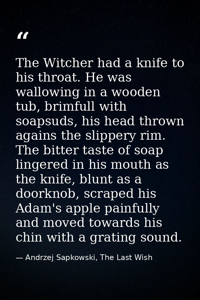 The Witcher had a knife to his throat. He was wallowing in a wooden tub, brimfull with soapsuds, his head thrown agains  — Andrzej Sapkowski, The Last Wish