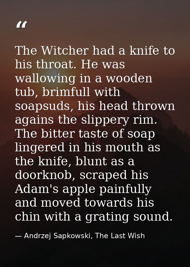 The Witcher had a knife to his throat. He was wallowing in a wooden tub, brimfull with soapsuds, his head thrown agains  — Andrzej Sapkowski, The Last Wish