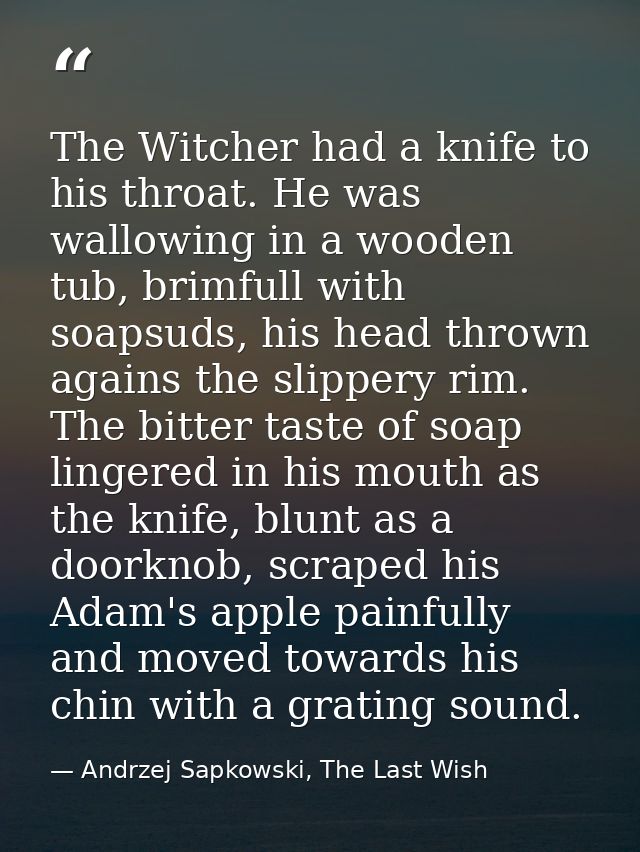 The Witcher had a knife to his throat. He was wallowing in a wooden tub, brimfull with soapsuds, his head thrown agains  — Andrzej Sapkowski, The Last Wish
