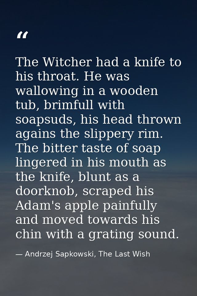 The Witcher had a knife to his throat. He was wallowing in a wooden tub, brimfull with soapsuds, his head thrown agains  — Andrzej Sapkowski, The Last Wish