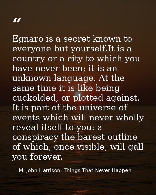 Egnaro is a secret known to everyone but yourself.It is a country or a city to which you have never been; it is an unkno — M. John Harrison, Things That Never Happen