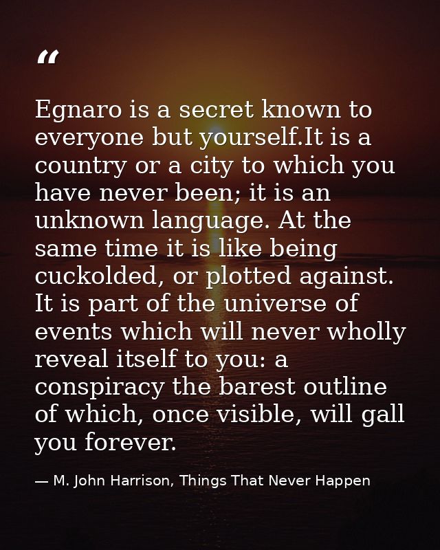 Egnaro is a secret known to everyone but yourself.It is a country or a city to which you have never been; it is an unkno — M. John Harrison, Things That Never Happen