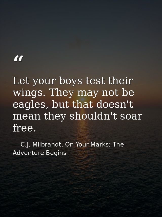 Let your boys test their wings. They may not be eagles, but that doesn't mean they shouldn't soar free. — C.J. Milbrandt, On Your Marks: The Adventure Begins