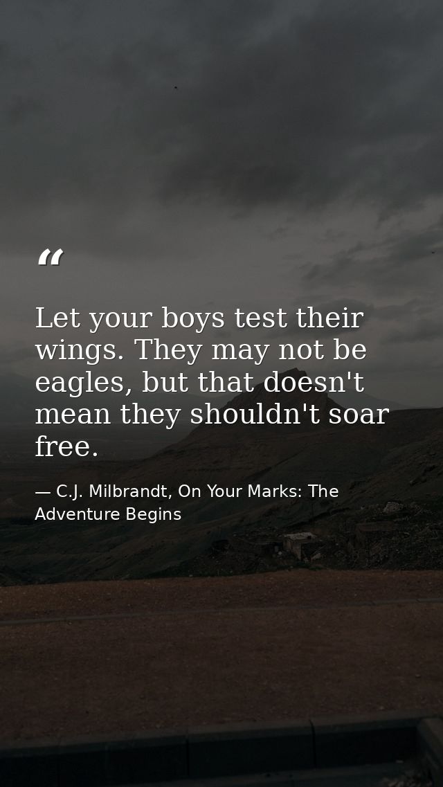 Let your boys test their wings. They may not be eagles, but that doesn't mean they shouldn't soar free. — C.J. Milbrandt, On Your Marks: The Adventure Begins