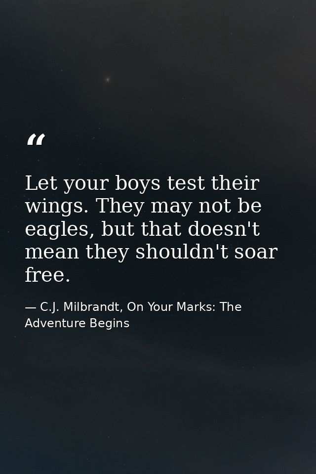 Let your boys test their wings. They may not be eagles, but that doesn't mean they shouldn't soar free. — C.J. Milbrandt, On Your Marks: The Adventure Begins