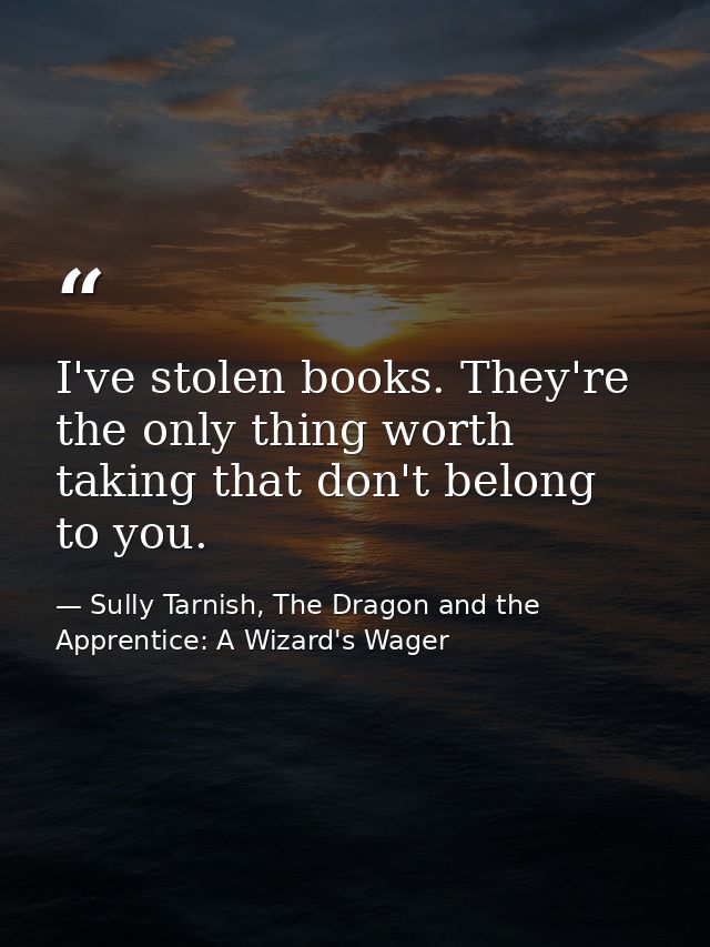 I've stolen books. They're the only thing worth taking that don't belong to you. — Sully Tarnish, The Dragon and the Apprentice: A Wizard's Wager